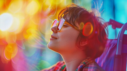 Fototapeta premium A young woman with short hair is wearing glasses and enjoying the sunlight surrounded by vibrant and colorful light flares