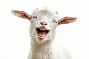 Goat Isolated on White Background: Portrait of a Cute funny Goat Laughing, Lamb, Funny animals