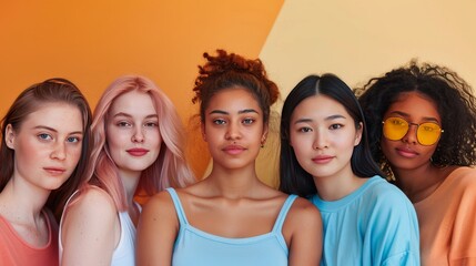 Obraz premium A diverse group of young women of different ages and ethnic backgrounds stand together