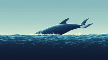 Fototapeta premium A blue whale breaches the surface of the ocean, its tail fin high in the air, with a splash of water.