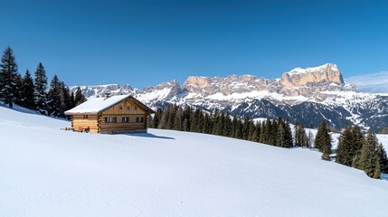 Naklejka premium A picturesque winter scene showcasing a mountain range dusted with snow, with rocky outcrops visible beneath the white blanket. A charming log cabin in the foreground is surrounded by pine trees,
