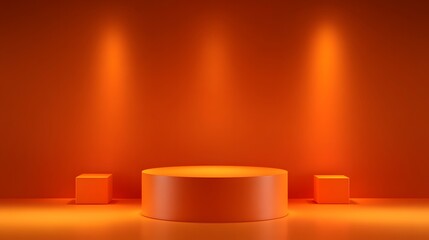 
Realistic 3D orange cylindrical podium background with cube pedestal, Clean empty wall scene. Minimal mockup or abstract product display presentation, Stage showcase. Platforms vector geometric desig