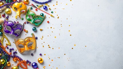 A vibrant scene depicting a Mardi Gras celebration with colorful masks, lively beads, and festive decorations filling the frame, captured in high-resolution with a deep depth of field to showcase the