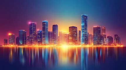 Fototapeta premium A modern cityscape at night with illuminated skyscrapers reflected in the water.