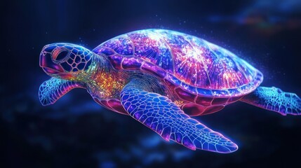 A vibrant, digital illustration of a sea turtle with iridescent scales and a glowing, cosmic shell.