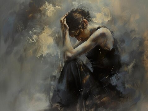 A Woman's Emotional Portrait: Sadness and Contemplation in a Dark Setting