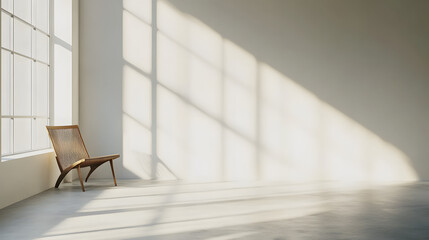 Fototapeta premium Spacious and minimalistic interior with natural light casting soft shadows on a clean, white wall.