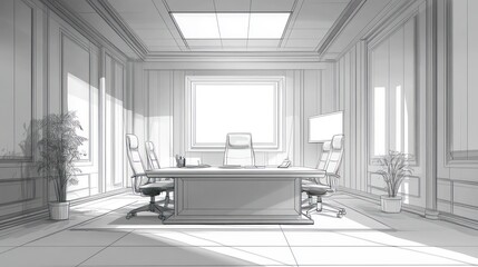 Sketch of a Modern Conference Room with Large Windows, a Large Desk, and Four Chairs, and Plants in Corner.