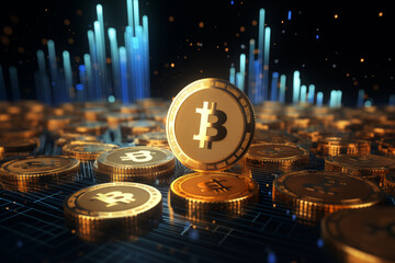 3D render of cryptocurrency coins, prominently with Bitcoin, surrounded by digital landscape of glowing bars and coins. innovation and financial growth concept