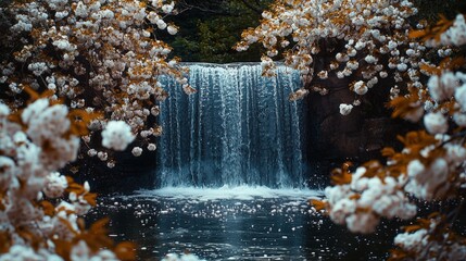 Fototapeta premium A serene waterfall surrounded by blossoming flowers in a tranquil natural setting