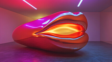 A 3D Metallic Sculpture of a Lips in a Room with Neon Lights