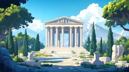 Obraz premium An ancient Greek temple with columns stands in a sunny valley, with trees, mountains, and ruins in the foreground.