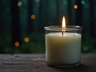 Cozy White Candle in Dark Green Autumn Forest with Fireflies, Fog, Bokeh, and Herbal Smoke