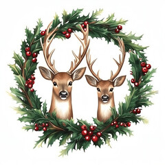 Deers with Christmas Floral Wreath Illustration. Watercolor illustration