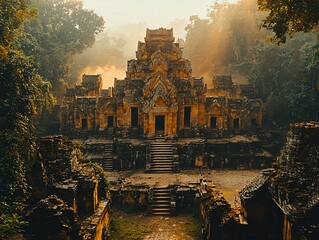 Ancient Temple Ruins in the Jungle Mist
