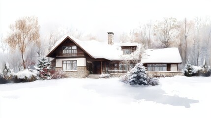 Set in a snowy landscape, the charming house features a unique design with a steep roof and large windows. Snow blankets the ground and branches, crea