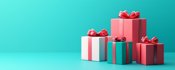 A vibrant display of colorful gift boxes stacked against a teal background, showcasing festive bows and decorative designs.