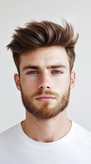 Fototapeta premium A man with a beard and short hair is wearing a white shirt