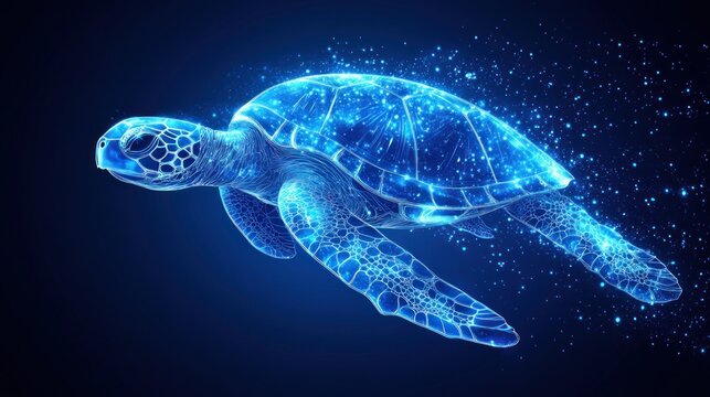 A glowing blue sea turtle swims through a dark blue background with sparkling particles surrounding it.