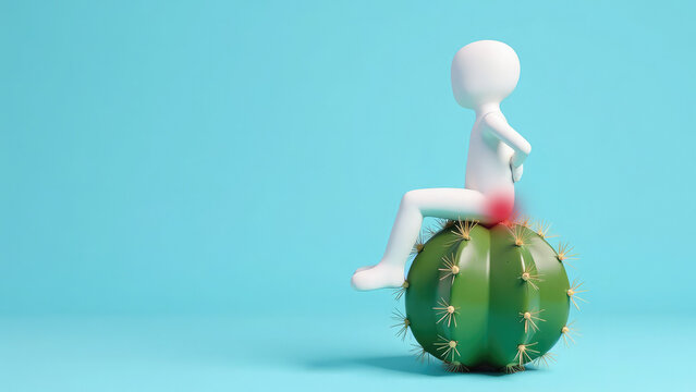 Minimalist illustration of white human figure sitting on a large green cactus with thorns, emphasizing discomfort. Conceptual image representing discomfort, problems, hemorrhoids, awkward situations.