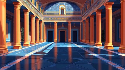 Obraz premium A grand hall with ornate columns and a tiled floor, bathed in warm sunlight.