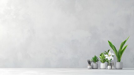 A minimalistic desk setup with a cluster of small indoor plants, including a cactus and a peace lily, artfully arranged with high-quality accessories. The background is softly blurred, emphasizing