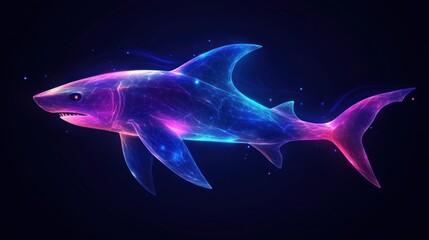 A neon glowing shark with a blue and pink color scheme and sparkle effect on a black background.