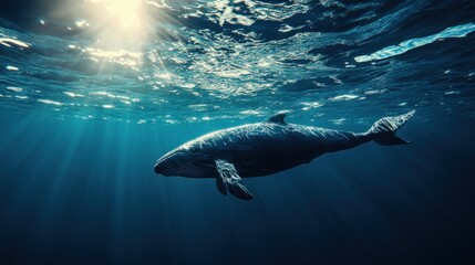 Naklejka premium A humpback whale swims through a deep blue ocean with sunlight shining through the surface.