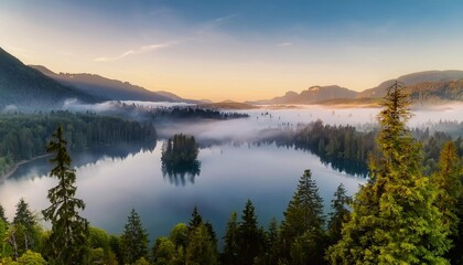 Fototapeta premium Fog rolling over lake surrounded by forest at sunrise