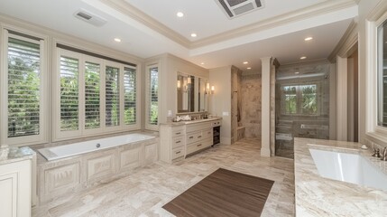 A spacious bathroom with a large soaking tub, walk-in shower, and double vanity. The bathroom is decorated in a neutral color palette and features a large window that provides natural light.
