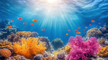 Naklejka premium A vibrant underwater scene with colorful coral reefs and fish swimming in the sunlit water.