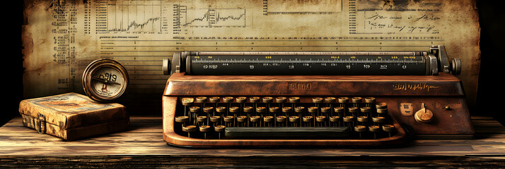 Vintage Typewriter with Compass and Antique Box on a Weathered Wooden Table