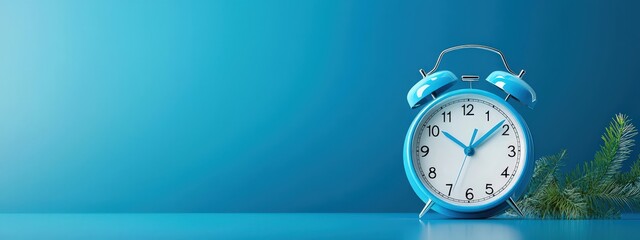 A blue and white clock with the hands at 3:00 and 9:00