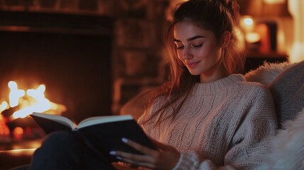 Woman chair cozy setting reading book tranquil mood warm soft ambiance. AI generated