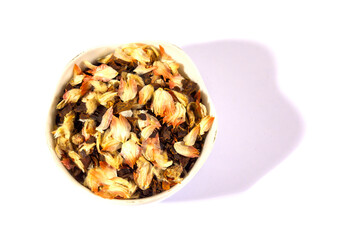 Pile of aromatic herbal tea. Dry herbal tea isolated on a white background. Tea party concept. medicinal herbs.