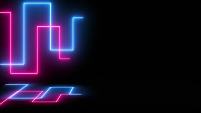 Glowing neon vertical lines, bright neon lamps, beautiful lights, flashing, laser show, stage, background lamp flashing. 3D rendering.  Screensaver video animation