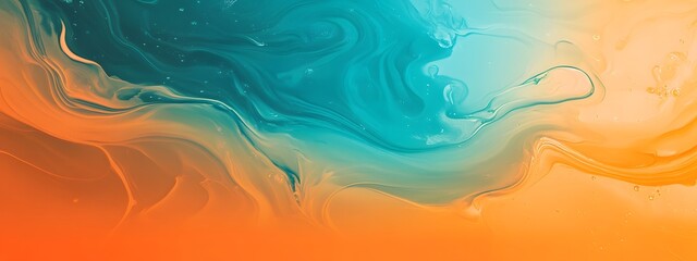 Obraz premium A beautiful orange and teal gradient background with swirling patterns of liquid paint, reminiscent of the ocean's surface, creating an abstract and artistic visual effect.