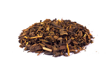 Dried tea leaves isolated on white background. Tea is a caffeinated beverage, an infusion made by steeping the dried leaves, leaf buds, or leaf stalks of the Camellia sinensis plant in hot water.