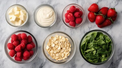 Colorful fresh plant based smoothie ingredients arranged in a top down view showcasing a healthy nutrition meal prep concept  The image depicts a variety of vibrant wholesome ingredients like fruits
