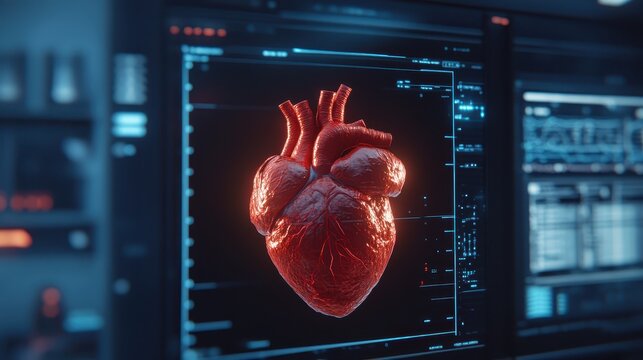 Cross sectional view of the human heart with a digital monitoring interface showcasing advanced cardiology science and data analysis for medical research and disease tracking