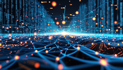 Cyber big data flow. Blockchain data fields. Network line connect stream. Concept of AI technology, digital communication, science research, 3D illustration music waves.