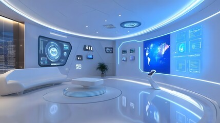 A futuristic tech showroom featuring gesture-controlled displays