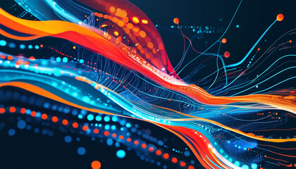 Abstract illustration of flowing information represented by cyan blue red and orange lines and dots Themes include big data technology AI data transfer and generative AI.