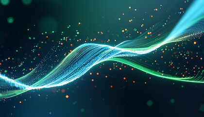Background with glowing light blue and green lines, particles of data flowing in the air.