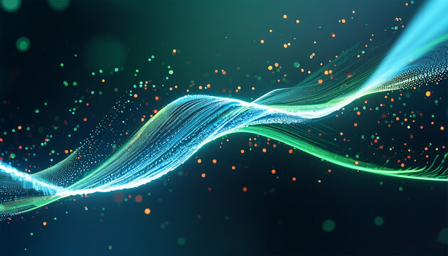 Background with glowing light blue and green lines, particles of data flowing in the air.