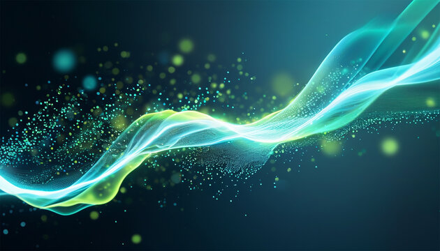 Background with glowing light blue and green lines, particles of data flowing in the air.