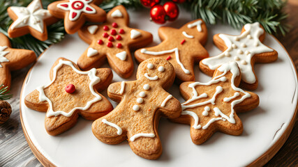 Gingerbread cookies in various Christmas shapes, with festive icing. Generative ai