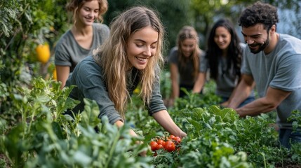 A group of friends work together to grow a community vegetable garden as a holiday activity, fostering sustainability and connecting with nature