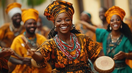 A group of people in Africa celebrate Kwanzaa with traditional dances and traditional clothing