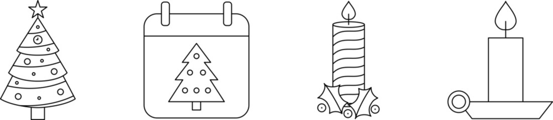 Christmas Thin Line Icon Set. Christmas tree, Candle and Holly berry line icon vector image. New year. Merry Christmas and Happy New Year Drawing decor line icon.